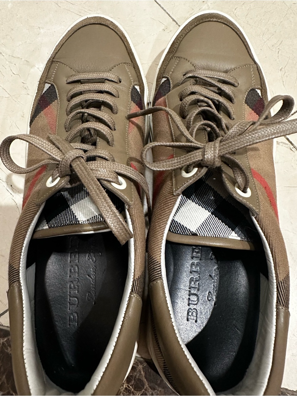 Burberry Men's Taupe Leather & Check Lace-Up Sneakers